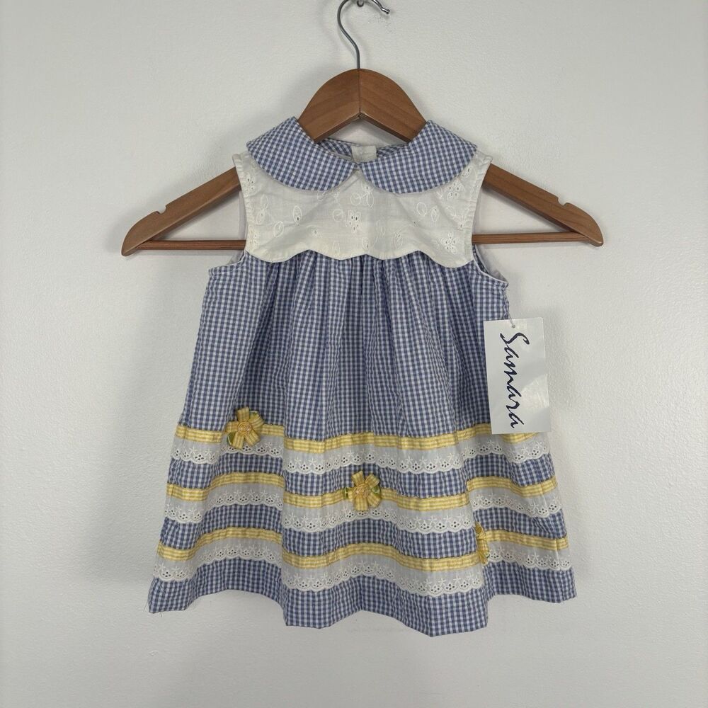 NWT Samara Baby Toddler Girl Dress Size 3T Blue Gingham Eyelet Yellow Bows